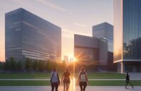 Diverse students walking toward a glowing digital portal with holographic data visualizations on a modern, high-tech university campus at sunset.