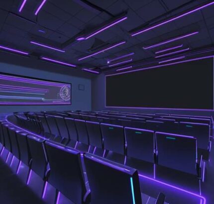 Diverse students in a modern lecture hall watch a glowing neural network architecture displayed on a large projection screen.
