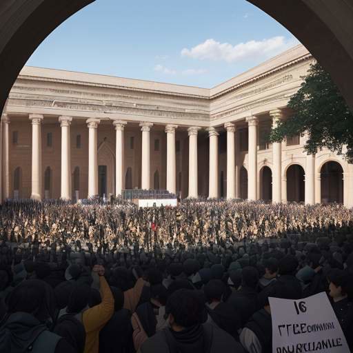 A passionate group of students holding placards for freedom and education in a grand university courtyard with historic arches.
