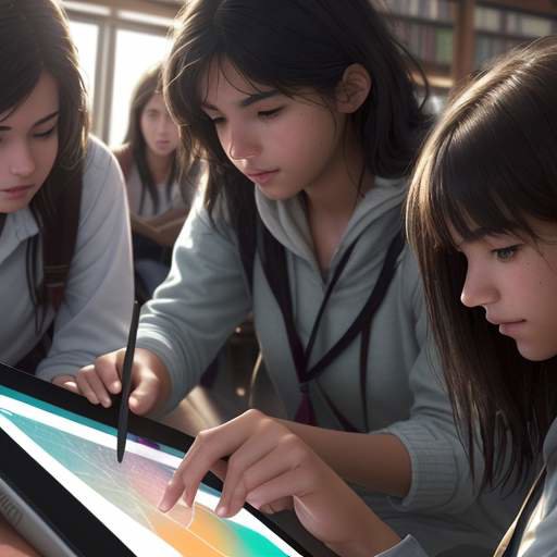 A diverse group of high school students huddled together in a library, looking focused and inspired while studying a complex data visualization map on a large tablet.
