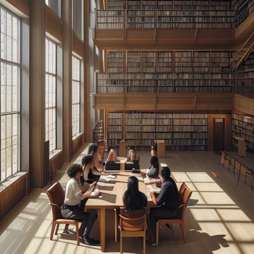 Three diverse students huddled around a large oak table in a modern university library with tall wooden bookshelves and large windows.