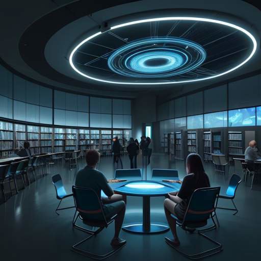A diverse group of students in a modern university library at dusk, studying holographic neural network visualizations and data flows on a glowing glass table.