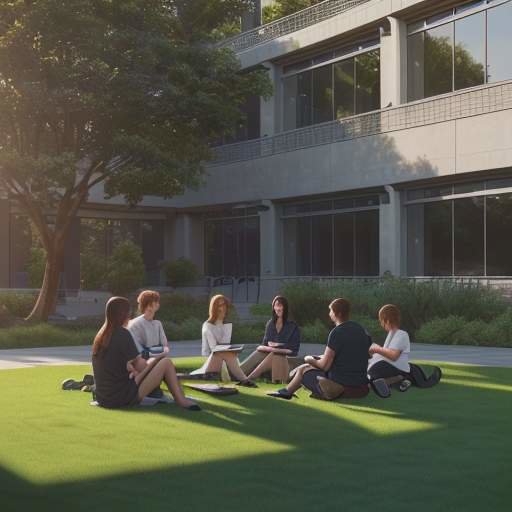 Students sitting on a modern university campus courtyard at sunset, studying and discussing among stone and glass architecture during golden hour.