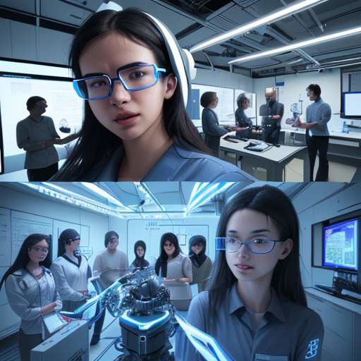 A diverse group of university students in a high-tech laboratory wearing AR glasses and interacting with a holographic 3D engine model.