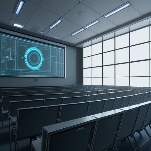 Students in a modern university lecture hall observing a 3D holographic projection of a transistor gate amidst a high-tech academic environment.