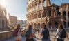 A diverse group of university students with backpacks walk and laugh along a sun-drenched cobblestone street in Rome, with the historic Colosseum visible in the distance.