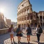 A diverse group of university students with backpacks walk and laugh along a sun-drenched cobblestone street in Rome, with the historic Colosseum visible in the distance.