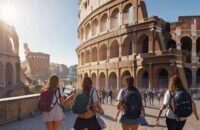 A diverse group of university students with backpacks walk and laugh along a sun-drenched cobblestone street in Rome, with the historic Colosseum visible in the distance.