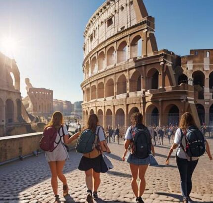 A diverse group of university students with backpacks walk and laugh along a sun-drenched cobblestone street in Rome, with the historic Colosseum visible in the distance.
