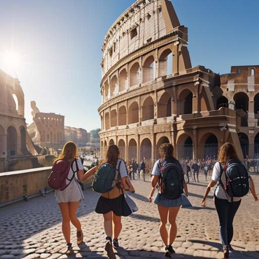 A diverse group of university students with backpacks walk and laugh along a sun-drenched cobblestone street in Rome, with the historic Colosseum visible in the distance.