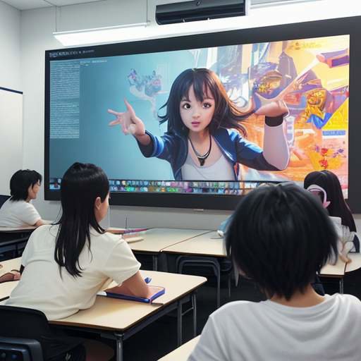 A diverse group of young Thai artists collaborating in a modern classroom, gathered around a large screen displaying a 3D animation scene while using tablets.
