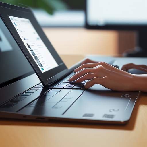 A close-up of a person's hands typing on a laptop in a modern cafe, with a "Success" folder visible on the screen under soft, natural lighting.