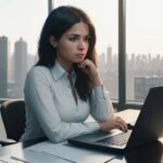 A professional woman sits in a sunlit office, looking pensively at complex financial charts on her laptop screen with an urban skyline in the background.