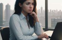 A professional woman sits in a sunlit office, looking pensively at complex financial charts on her laptop screen with an urban skyline in the background.