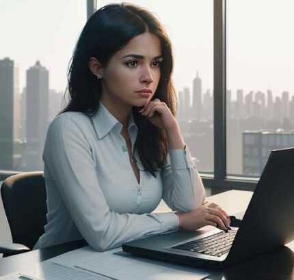 A professional woman sits in a sunlit office, looking pensively at complex financial charts on her laptop screen with an urban skyline in the background.