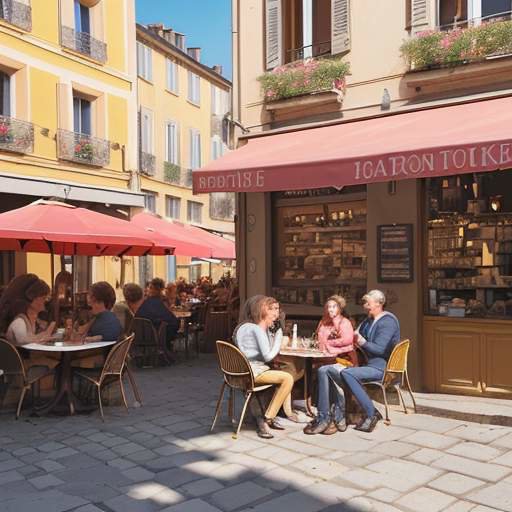 A group of young professionals laughing and talking over espresso at a sunny outdoor café in a French city with cobblestone streets.