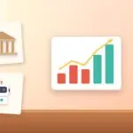 Illustration with a rising chart, a classical building and an AI robot