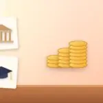Illustration with stacks of coins, a classical building and a graduation cap