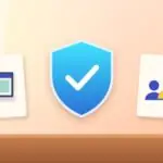 Illustration with a security shield, a laptop and a group of people