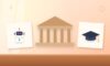 Illustration with a classical building, an AI robot and a graduation cap