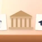 Illustration with a classical building, an AI robot and a graduation cap