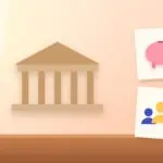 Illustration with a classical building, a piggy bank and a group of people