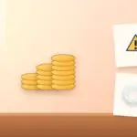 Illustration with stacks of coins, a warning sign and a magnifying glass