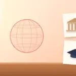 Illustration with a globe, a classical building and a graduation cap