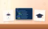 Illustration with a code editor, an AI robot and a graduation cap