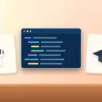 Illustration with a code editor, an AI robot and a graduation cap