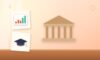 Illustration with a classical building, a rising chart and a graduation cap