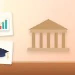 Illustration with a classical building, a rising chart and a graduation cap