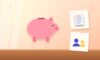 Illustration with a piggy bank, a document and two people