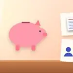 Illustration with a piggy bank, a document and two people