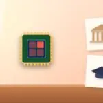 Illustration with a processor chip, a classical building and a graduation cap