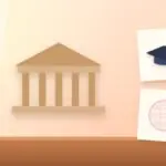 Illustration with a classical building, a graduation cap and a globe