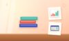 Illustration with a stack of books, a rising chart and a laptop