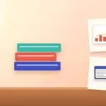 Illustration with a stack of books, a rising chart and a laptop