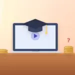 Laptop with an online lecture under a graduation cap, with coin stacks and a question mark