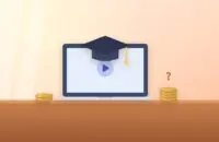 Laptop with an online lecture under a graduation cap, with coin stacks and a question mark
