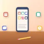 Phone with study app icons for calendar, notes, flashcards, timer and music around it
