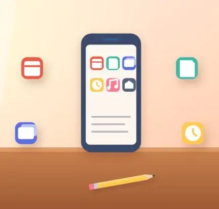 Phone with study app icons for calendar, notes, flashcards, timer and music around it