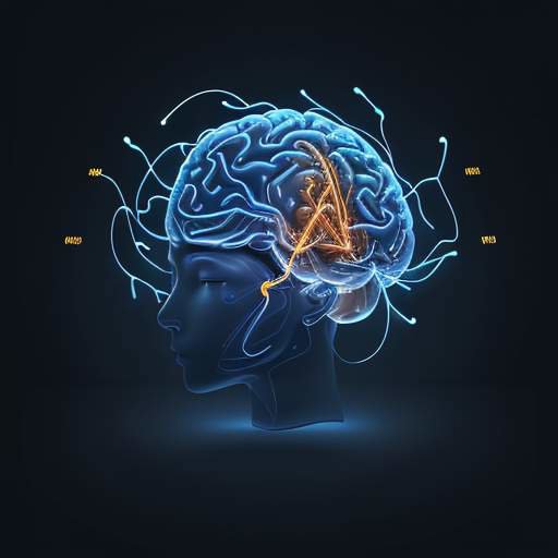 A 3D isometric visualization of a glowing brain with golden neural pathways and floating icons representing math, science, and language against a dark blue background.