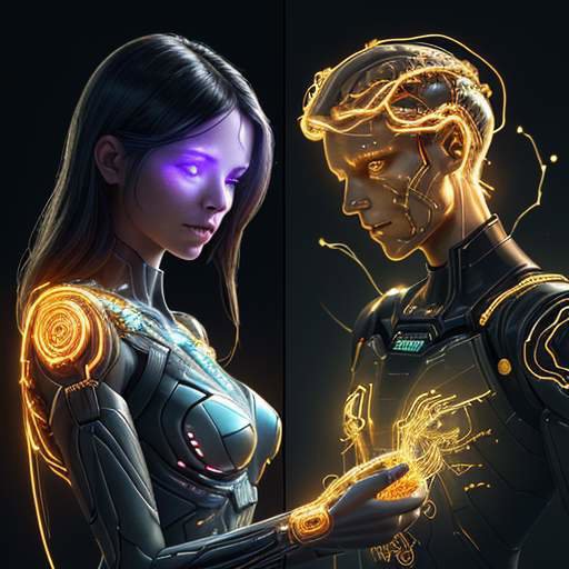 A split-screen image showing a glowing digital brain made of circuits merging with a human hand sketching a fantasy character, joined by golden sparks to symbolize the synergy between AI and human creativity.