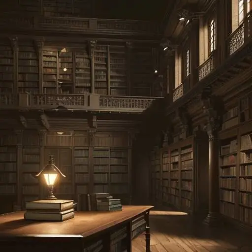 A majestic, ancient library with towering bookshelves and a large wooden table, where a single lamp illuminates a stack of books and parchment in a quiet, scholarly atmosphere.