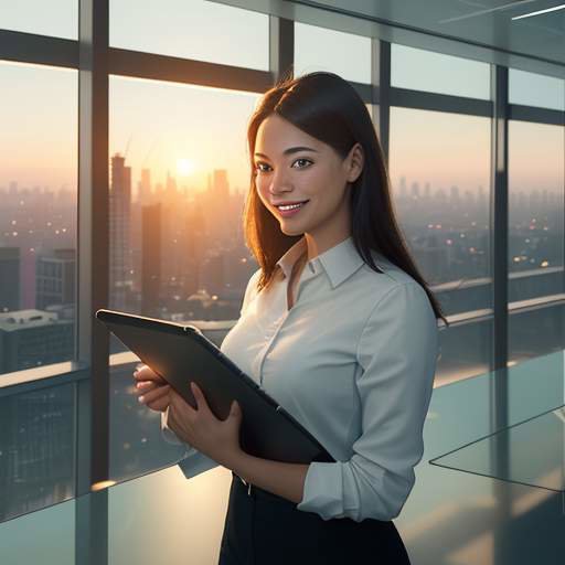 A confident young professional in a modern office holding a tablet, smiling against a sunset city skyline.