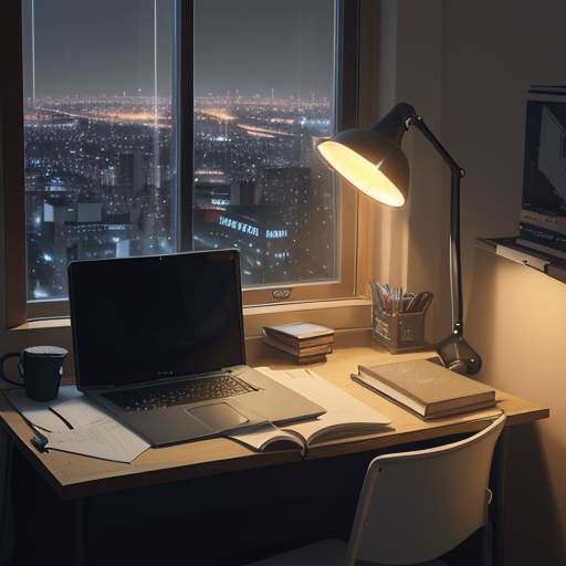 A cozy, dimly lit student workspace at night featuring a laptop, open textbooks, and a cup of tea under a desk lamp with a city skyline visible through a large window.