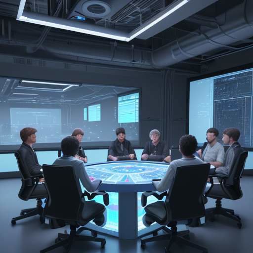 Diverse developers in a high-tech laboratory collaborating around a holographic table to build a 3D city model with glowing digital particles.