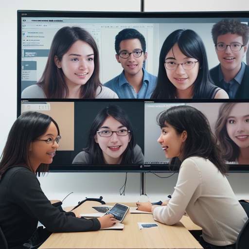 A diverse group of university students smiling and collaborating in a warm, modern workspace while looking at a colorful data dashboard on a large screen.