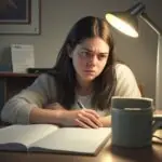 A frustrated and tired student studying under a warm desk lamp, highlighting a textbook to illustrate the struggle of passive learning.